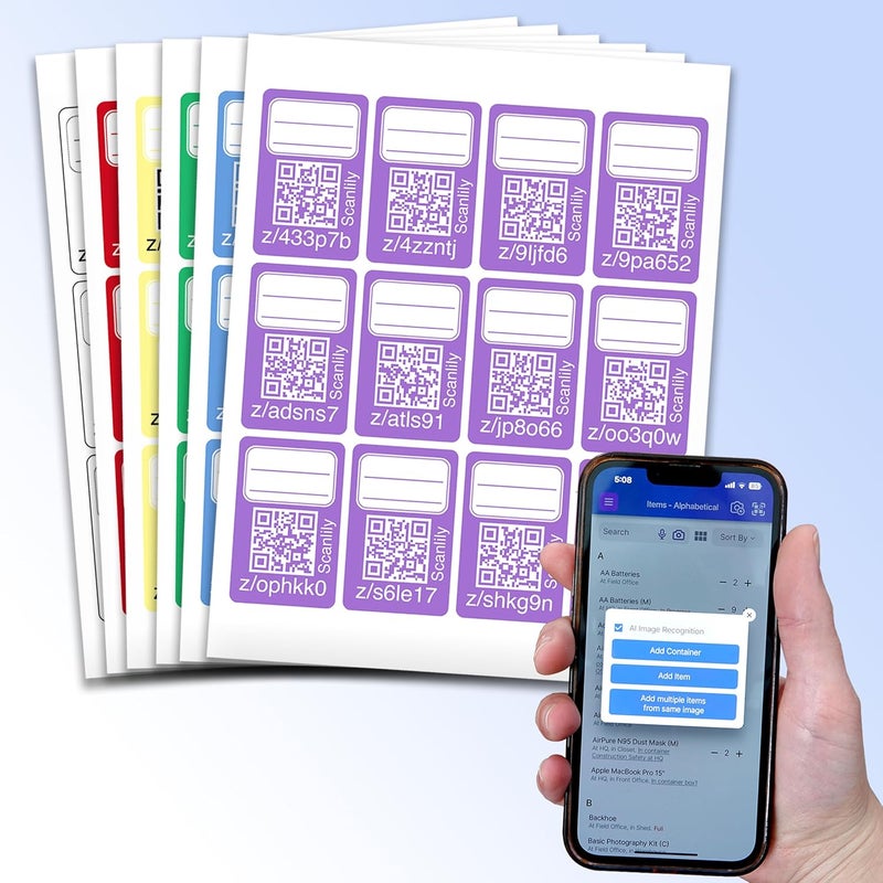 Scanlily Smart QR Label System Using AI for Storage Bins, Moving and Organization - 72 Rectangular Stickers in six Colors - 1.75in x 2.75in (4.45cm x 7cm) - Image 1